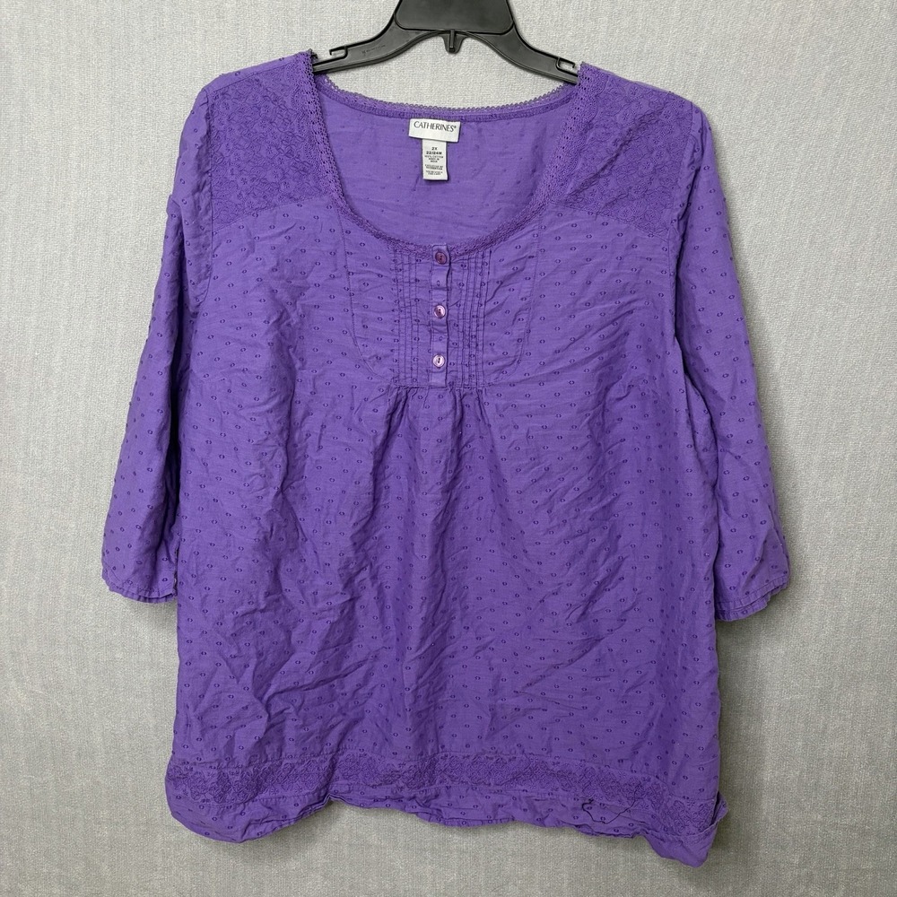 Catherine's 2x Top 3/4 Sleeve Purple Lace Eyelet Button Blouse Peasant Cottage